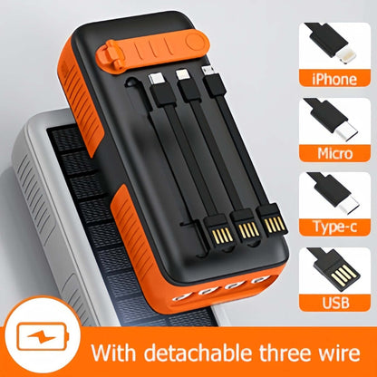 PECUWE 63200mAh Solar Power Bank, Orange, Large Capacity, 4 LED Flashlights, Hand Crank Charger, Built-in 3 Cables, USB C, for Indoor/Outdoor Activities