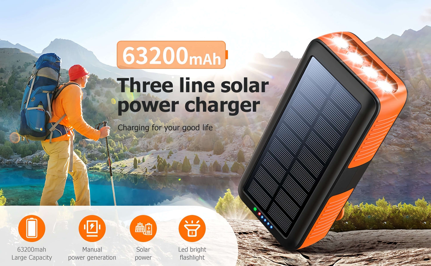 PECUWE 63200mAh Solar Power Bank, Orange, Large Capacity, 4 LED Flashlights, Hand Crank Charger, Built-in 3 Cables, USB C, for Indoor/Outdoor Activities