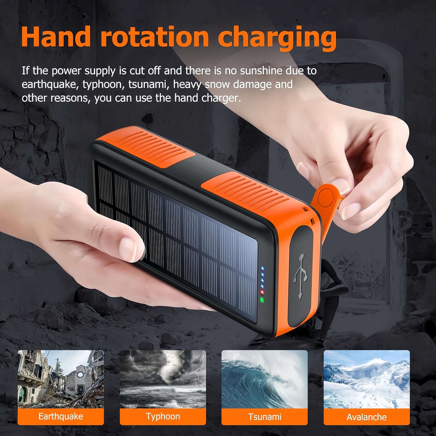 PECUWE 63200mAh Solar Power Bank, Orange, Large Capacity, 4 LED Flashlights, Hand Crank Charger, Built-in 3 Cables, USB C, for Indoor/Outdoor Activities