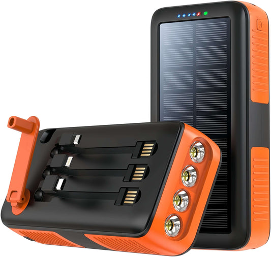 PECUWE 63200mAh Solar Power Bank, Orange, Large Capacity, 4 LED Flashlights, Hand Crank Charger, Built-in 3 Cables, USB C, for Indoor/Outdoor Activities