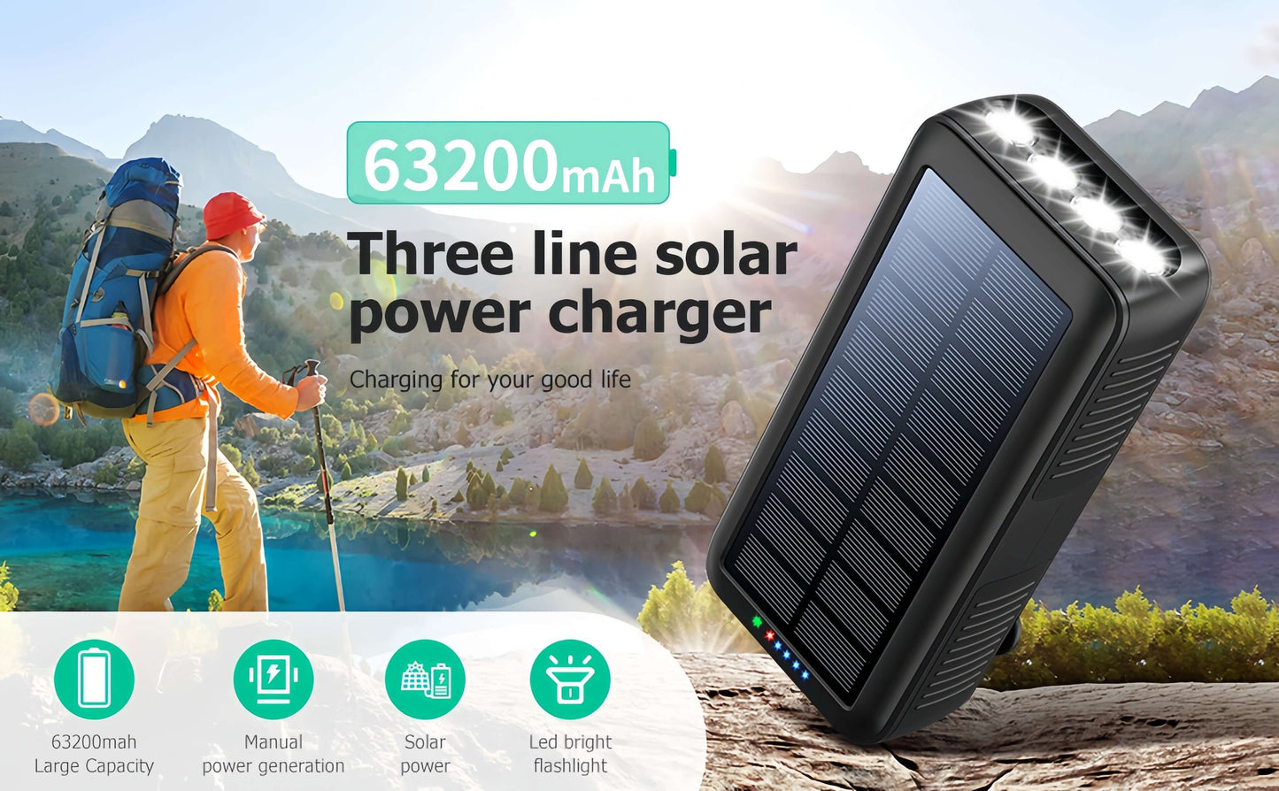 PECUWE 63200mAh Solar Power Bank,Ferrous, Large Capacity, 4 LED Flashlights, Hand Crank Charger, Built-in 3 Cables, USB C, for Indoor/Outdoor Activities