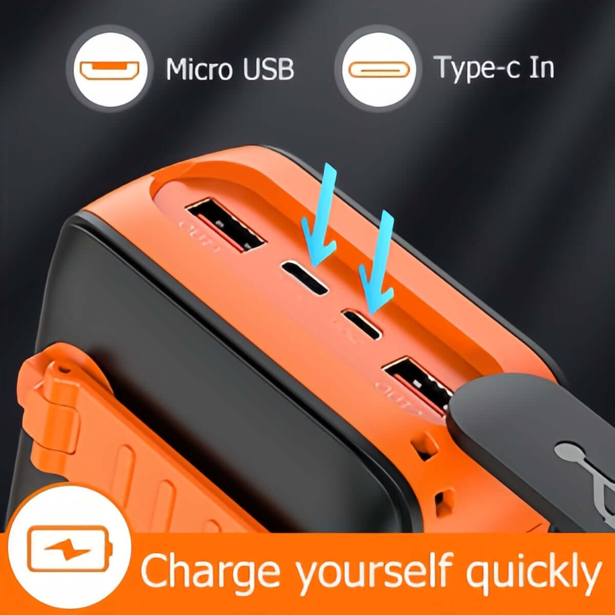 PECUWE 63200mAh Solar Power Bank, Orange, Large Capacity, 4 LED Flashlights, Hand Crank Charger, Built-in 3 Cables, USB C, for Indoor/Outdoor Activities