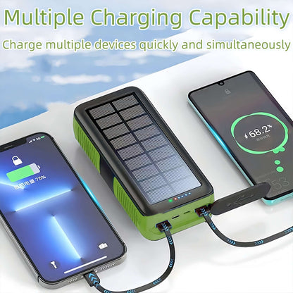 PECUWE 63200mAh Solar Power Bank, Army Green, Large Capacity, 4 LED Flashlights, Hand Crank Charger, Built-in 3 Cables, USB C, for Indoor/Outdoor Activities