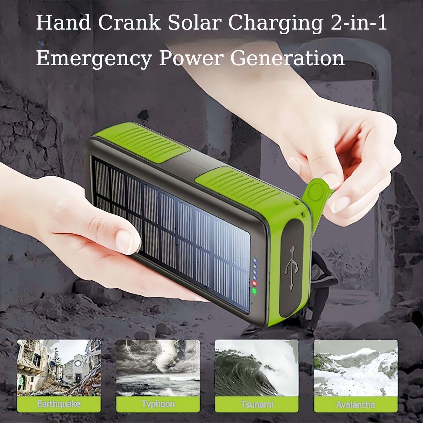 PECUWE 63200mAh Solar Power Bank, Army Green, Large Capacity, 4 LED Flashlights, Hand Crank Charger, Built-in 3 Cables, USB C, for Indoor/Outdoor Activities