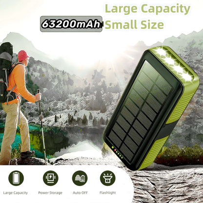 PECUWE 63200mAh Solar Power Bank, Army Green, Large Capacity, 4 LED Flashlights, Hand Crank Charger, Built-in 3 Cables, USB C, for Indoor/Outdoor Activities