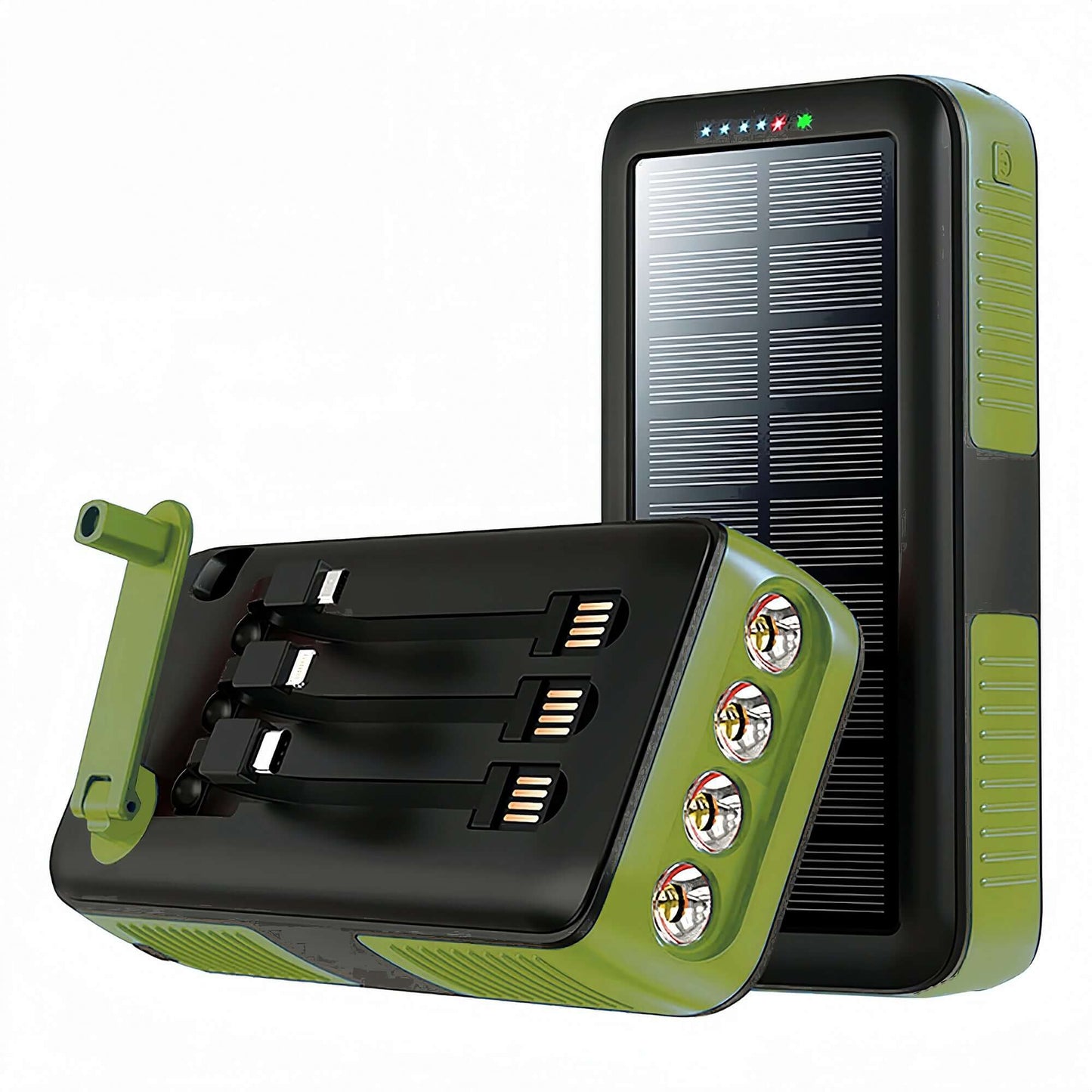 PECUWE 63200mAh Solar Power Bank, Army Green, Large Capacity, 4 LED Flashlights, Hand Crank Charger, Built-in 3 Cables, USB C, for Indoor/Outdoor Activities